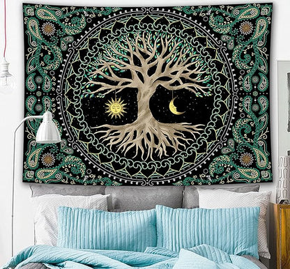 FORATER Tree of Life Tapestry Wall Hanging Aesthetic Sun and Moon Tapestry with Vintage Paisley Flowers Colorful Tree Wall Tapestries for Bedroom, Living Room, Dorm(61 x 82 inches, Multicolor)