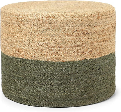 REDEARTH · Cylindrical Pouf Foot Stool Ottoman - Jute Braided Pouffe Poof Accent Sitting Footrest for Living Room, Bedroom, Nursery, Patio, Lounge & Other Rooms (Natural Olive, 18"x18"x14")