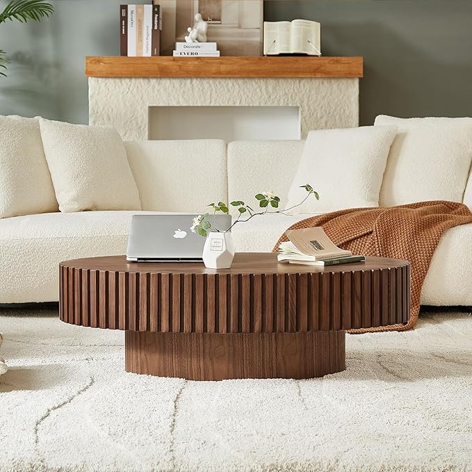 Oval Coffee Table for Living Room, Modern Fluted Coffee Tables with Pedestal Base, Handcrafted Centre Tea Tables Easy Assembly-43.7" Walnut