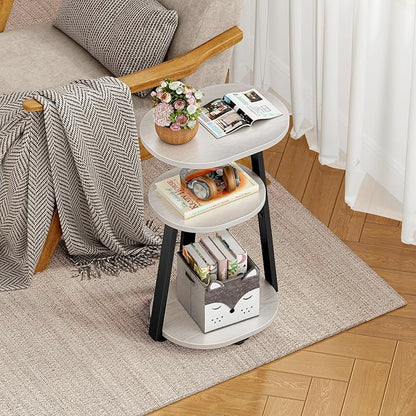 Side Table, Small End Table with Metal Frame, 3-Tier Bedside Tables, Round Side Tables for Living Room Bedroom Couch Bathroom, Oval, White Maple