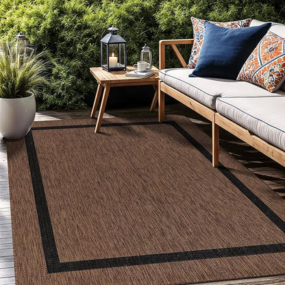 Bordered Outdoor Rug 10x14 Washable Outside Carpet for Indoor Patio Porch Waterproof Easy Cleaning Non Shedding Area Rugs Nut Brown - Black 10 x 14