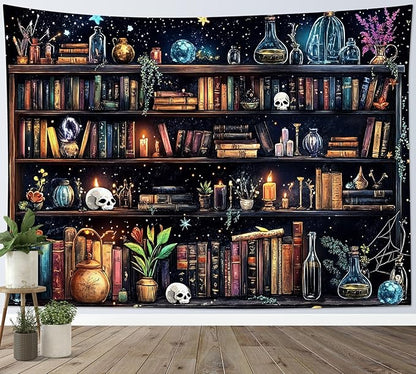 HVEST Magic Bookshelf Wall Tapestry Vintage Bookshelf Witchy Books Plant Skull Gothic Halloween Tapestry Wall Hanging Starry Sky Tapestries for Bedroom Living Room Dorm, 70.9L x 92.5W Inches
