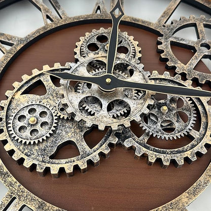 The B-Style Large Wall Clock 24 inch Moving Gear Wall Clock Oversized Vintage Farmhouse Wall Clocks for Living Room Decor Rustic Industrial Wood Clock (Black walunt Wood and Bronze)