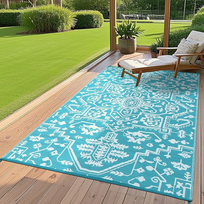 Waterproof Outdoor Rug 9x18 Reversible Plastic Straw Patio Rug, Stain-Resistant Vintage Medallion Carpet, Large Indoor Outdoor RV Mat for Deck, Camping, Balcony, Light Blue/White