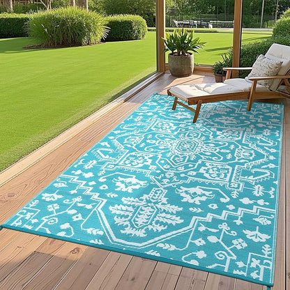 Waterproof Outdoor Rug 9x18 Reversible Plastic Straw Patio Rug, Stain-Resistant Vintage Medallion Carpet, Large Indoor Outdoor RV Mat for Deck, Camping, Balcony, Light Blue/White