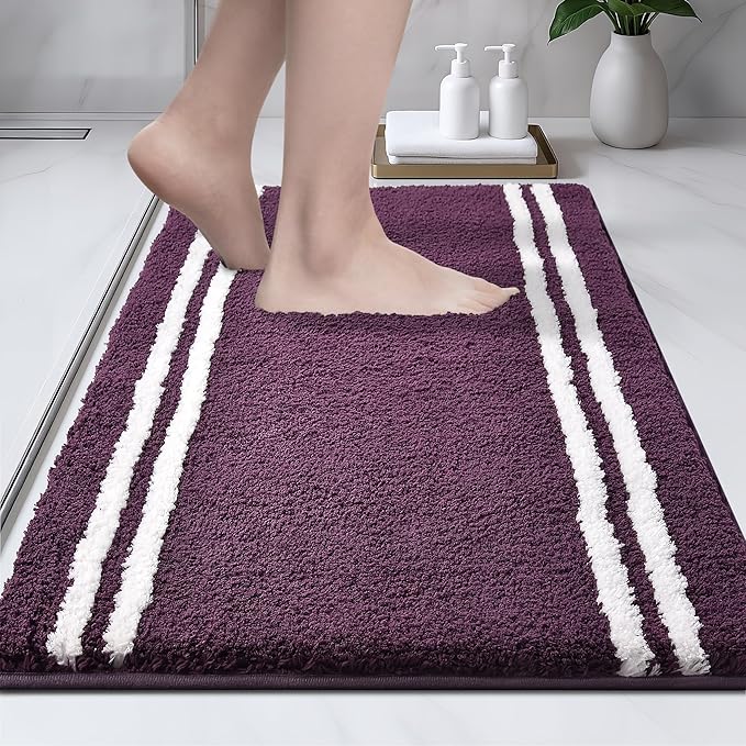 PURRUGS Bathroom Rug Non-Slip Machine Washable 20" x 30", Super Absorbent and Quick Dry Shaggy Microfiber Bath Mat, Extra Soft and Plush Bath Rug for Bathtub, Shower and Sink, Purple