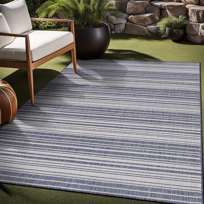 Stripe Outdoor Rug 9x12 Washable Outside Carpet for Indoor Patio Porch Waterproof Easy Cleaning Non Shedding Area Rugs Blue 9 x 12