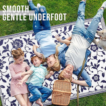 OLANLY Waterproof Outdoor Rug 5x8 ft, Outdoor Plastic Straw Rug with Flower Pattern, Reversible RV Mat for Patio, Camping, Balcony, Deck, Backyard, Navy & White