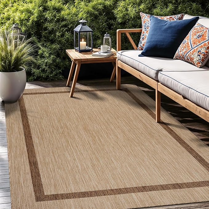 Bordered Outdoor Rug 9x12 Washable Outside Carpet for Indoor Patio Porch Waterproof Easy Cleaning Non Shedding Area Rugs Jute Beige - Nut Brown 9 x 12