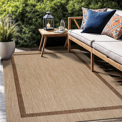 Bordered Outdoor Rug 9x12 Washable Outside Carpet for Indoor Patio Porch Waterproof Easy Cleaning Non Shedding Area Rugs Jute Beige - Nut Brown 9 x 12