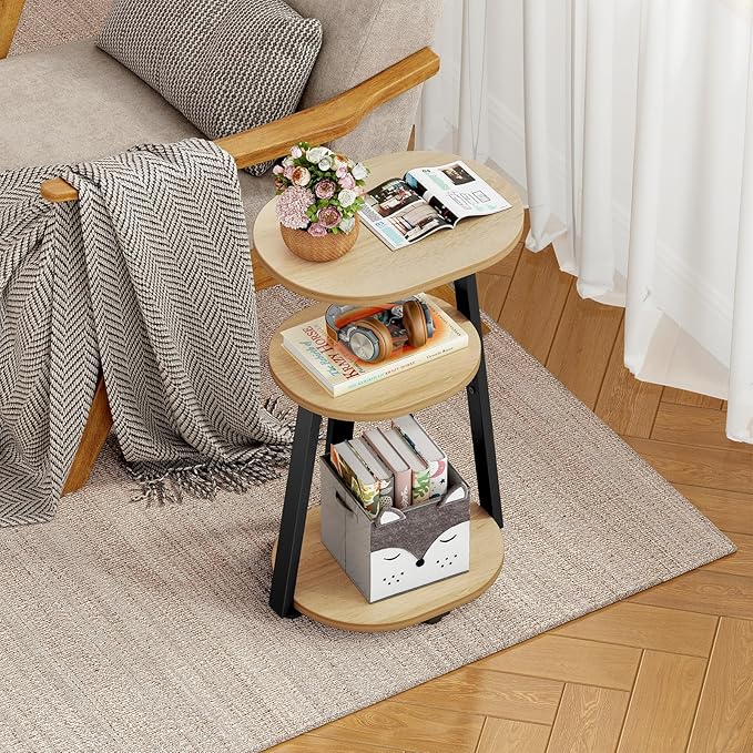 Side Table, Small End Table with Metal Frame, 3-Tier Bedside Tables, Round Side Tables for Living Room Bedroom Couch Bathroom, Oval, Modern Oak