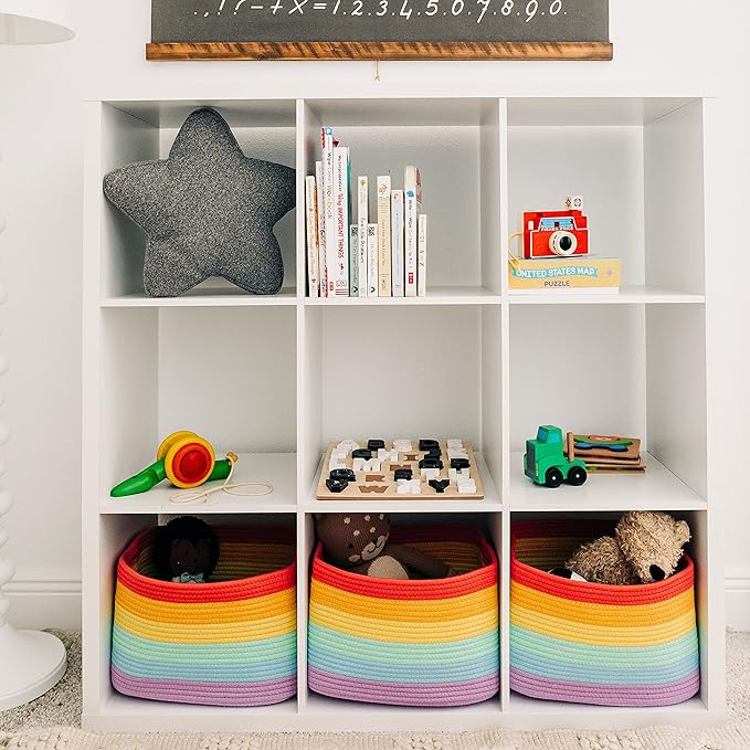 OrganiHaus Set of 3 Rainbow Woven Storage Baskets for Organizing, Cotton Rope Organizer Bins for Shelves, Closet & Nursery, Dog Toy Basket, Decorative Bins for Toys, Towels & Books - 15x10x9