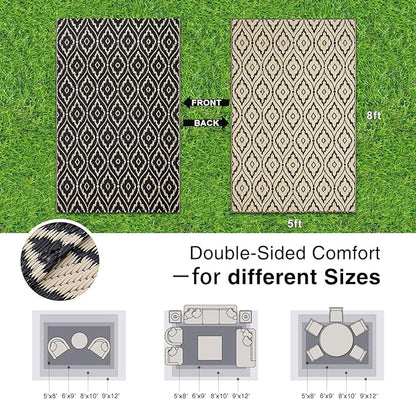 OLANLY Outdoor Rug 5x8 ft Waterproof, Outdoor Plastic Straw Rug with Geometric Pattern Clearance, Reversible RV Mat for Patio, Camping, Balcony, Deck, Backyard, Black & Beige