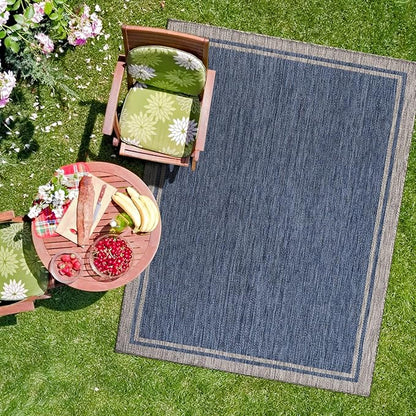 CAMILSON Indoor Outdoor Rug, 10x14 Bordered Navy Blue Gray Modern Large Area Rugs for Indoor and Outdoor Patios, Porches Waterproof Washable Porch Deck Outside Carpet (Bordered Navy, 10 x 14)