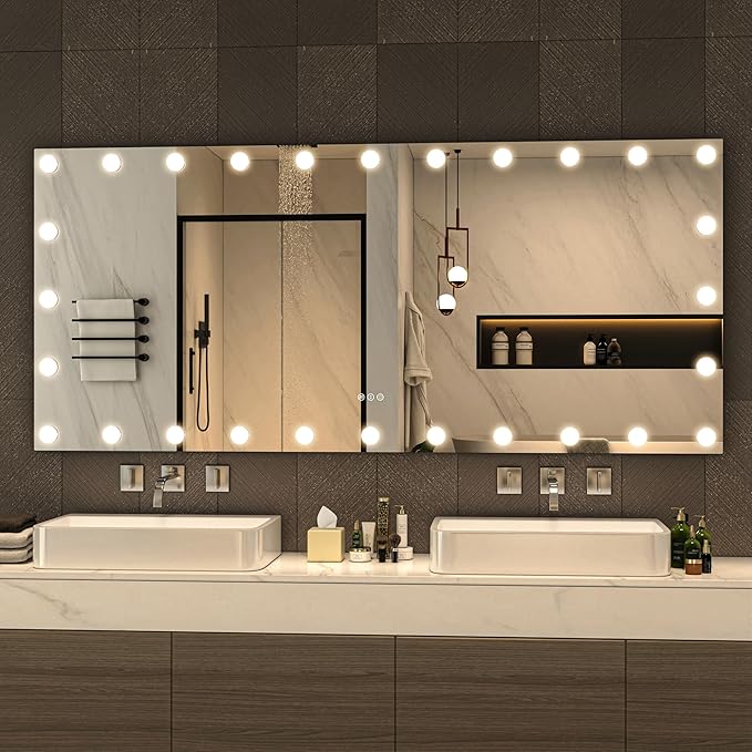 Hasipu LED Bathroom Mirror with Lights, 71" x 32" Hollywood Wall-Mounted Bathroom Mirror with 28 Dimmable Bulbs, 3 Colors Modes, Touch Control, Anti-Fog, Memory Function, Shatter-Proof, ETL Listed