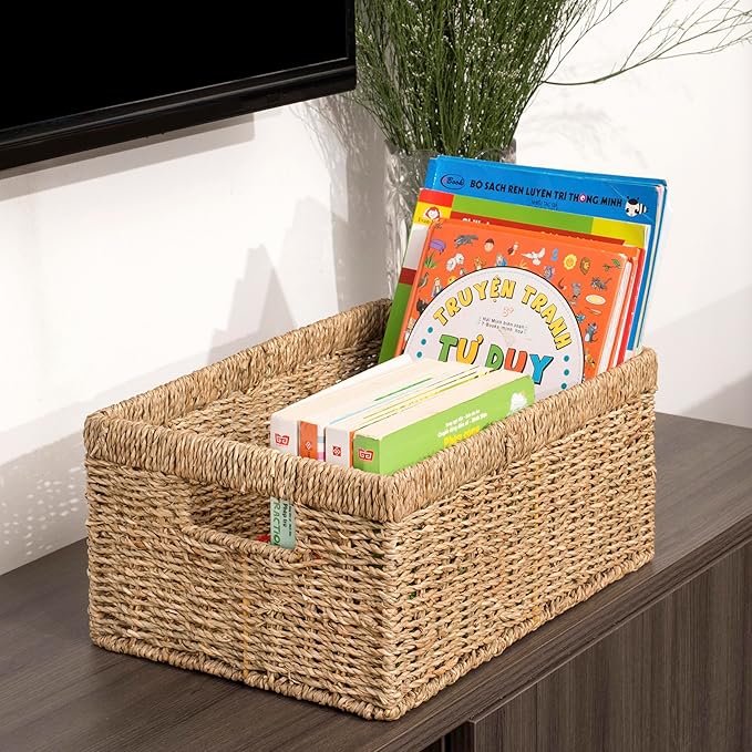 CENBOSS Wicker Baskets (Large, Seagrass, 1PC) Rattan Storage Baskets for Shelves, Woven Seagrass Holder