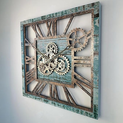 The Gears Clock 24'' Inch Square Real Moving Gear Wall Clock Vintage Industrial Oversized Rustic Farmhouse (Aqua Green)