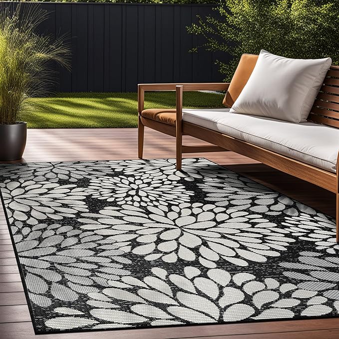 Beverly Rug Outdoor Rug 10x14 Modern Exotic Tropical Leaf Area Rugs for Indoor and Outdoor Patio Deck Porch Garden Water Resistant Washable Outside Carpet (10 x 14 Dark Gray)