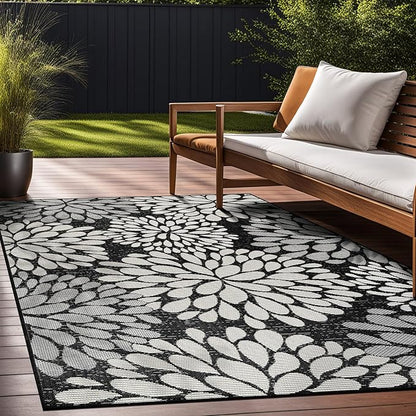 Beverly Rug Outdoor Rug 8x10 Modern Exotic Tropical Leaf Area Rugs for Indoor and Outdoor Patio Deck Porch Garden Water Resistant Washable Outside Carpet (8 x 10 Dark Gray)