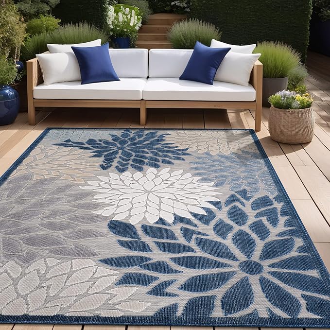 Beverly Rug Outdoor Rug 6x9 Modern Floral Tropical Area Rugs for Indoor and Outdoor Patio Easy to Clean Non Shedding Living Room Porch Garden Washable Outside Carpet (6 x 9 Blue)