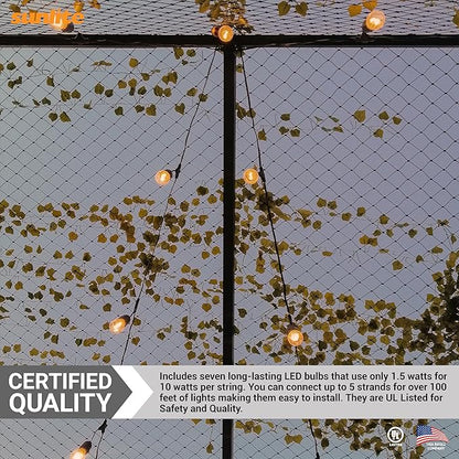 Sunlite 80571 24ft Outdoor String Lights, 1.5W Commercial Grade, Waterproof, Linkable Strands, UL Listed, 7 Hanging Sockets, Shatterproof LED Edison Bulbs Included, 2700K Warm White