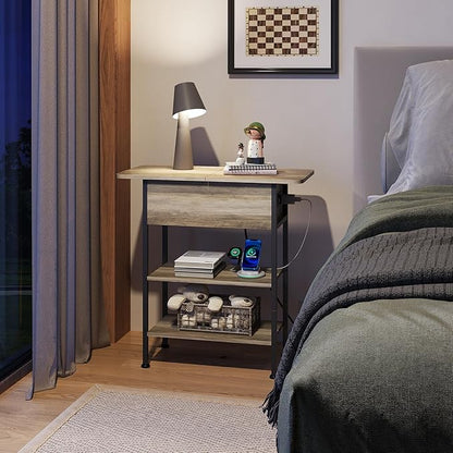 WLIVE End Table with Charging Station, Flip Top Side Table with Storage Shelf, Sofa Couch Table with USB Ports and Outlets, Narrow Bedside Table for Living Room, Bedroom Nightstand, Greige