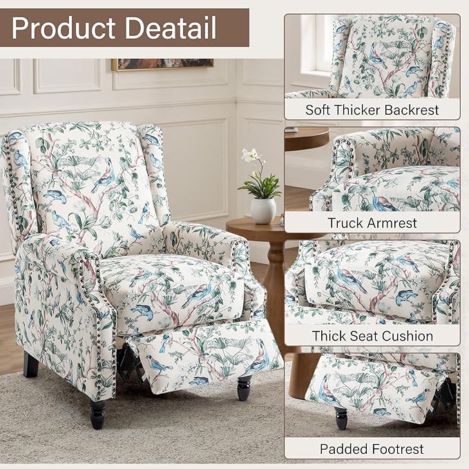 UIXE Floral Pushback Recliner Chair, Fabric Upholstered Armchair Push Back Accent Chair for Living Room, Rivet Trim Club Chair Home Theater Single Sofa Reading Seat - Bird
