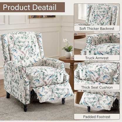 UIXE Floral Pushback Recliner Chair, Fabric Upholstered Armchair Push Back Accent Chair for Living Room, Rivet Trim Club Chair Home Theater Single Sofa Reading Seat - Bird