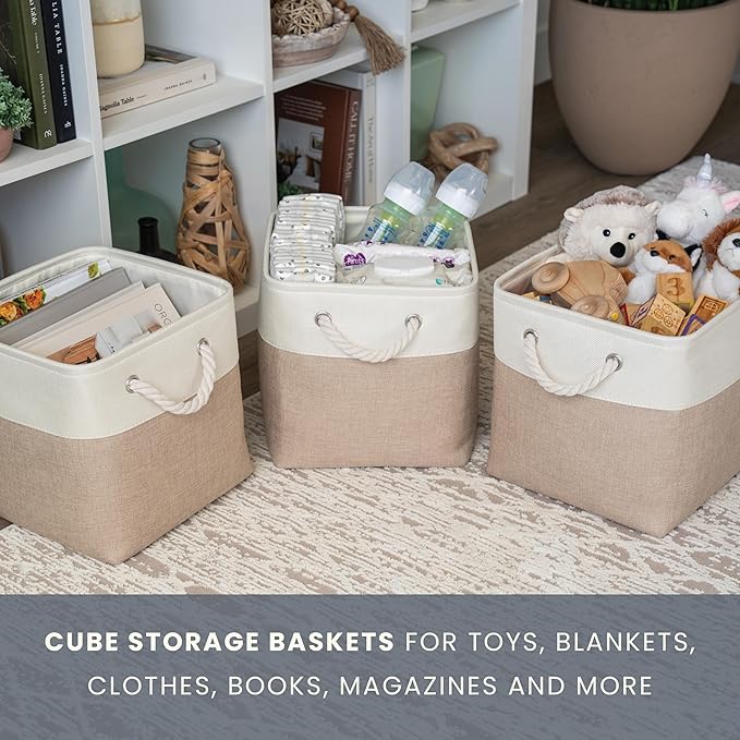 OrganiHaus 12x12 Cube Storage Bins 4 Pack, Foldable Cube Storage Organizer w/ Rope Handles, Collapsible Fabric Bins for Toys, Clothes & Closet Organization, Fabric Square Baskets - Beige/White