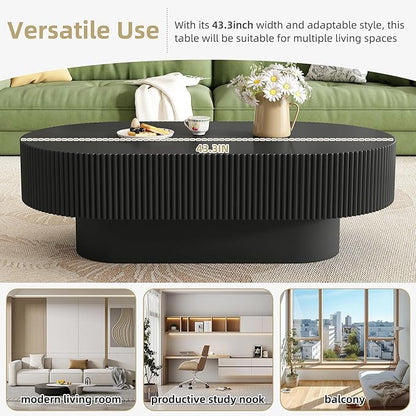 43.3" Oval Fluted Coffee Table Modern Elegant Drum End Table, Minimalist Center Table 7.8" Thick Tabletop with Sturdy Base for Living Room, Bedroom, Apartment,Easy Assembly, Black