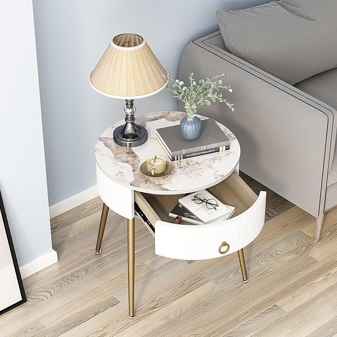 OIOG Round Nightstand with Drawer, Modern Side Table with Marbling Natural Stone Tabletop and Metal Legs, Small End Table with Storage for Living Room and Bedroom, Gold