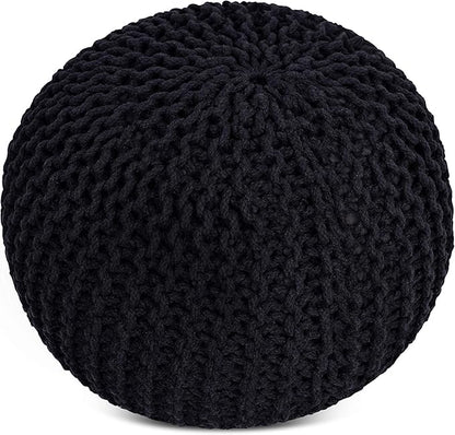 BIRDROCK HOME Round Pouf Ottoman | Cotton Braided Foot Stool with Bean Bag Filling | Boho Foot Rest for Living Room & Bedroom | Compact & Comfortable Seating, Lightweight & Soft | Black