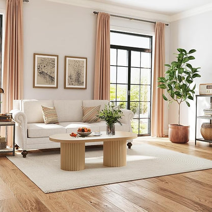 Oval Fluted Coffee Table, Farmhouse Wood Coffee Table Mid Century Modern Center Table Boho Living Room Tables for Living Room Office (Natural, 19.69" D x 39.38" W x 13.78" H)