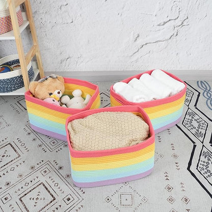3-Pack Rainbow Storage Baskets 14.5X9.5X9.3“ – Woven Toy Organizer Bins for Kids, Baby Room, Nursery, and Classroom – Cute Square Rope Baskets for Shelves and Organization Rainbow