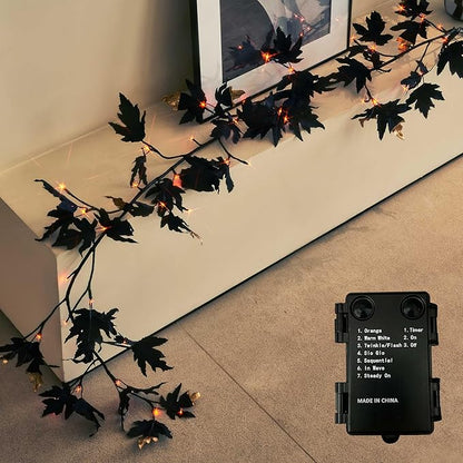 Birchlitland Halloween Black Maple Garland with Lights Timer 48 LED Orange and Warm White Fairy Lights, Battery Operated for Indoor and Outdoor Halloween Party Decoration