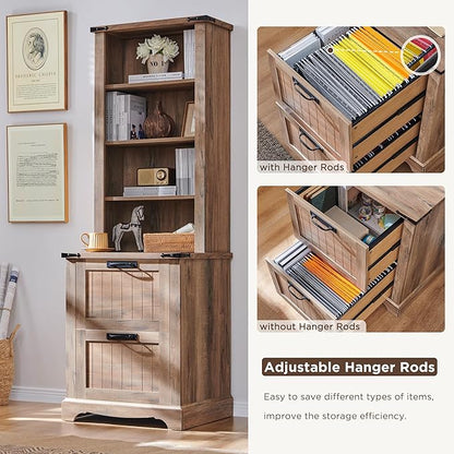 RedLemon Bookcase with 2 File Drawers, 72" Tall Farmhouse Bookshelf with Storage and Adjustable Shelves, 4 Tier Rustic Wood Bookshelf with Cabinet for Home Office, Living Room (Rustic Natural Oak)