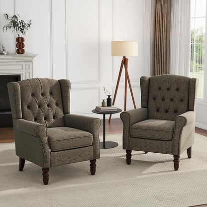 UIXE High Back Accent Chairs Set of 2, Upholstered Armchair in Fabric, Retro Wingback Arm Chair for Living Room, Comfy Single Sofa Bedroom Reading Seat with Solid Wood Legs - Taupe