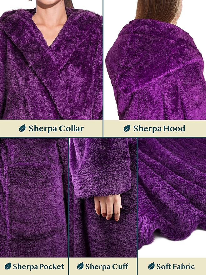 PAVILIA Women Hooded Plush Soft Robe | Fluffy Warm Fleece Sherpa Shaggy Bathrobe