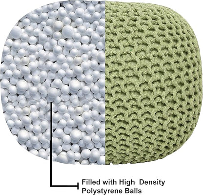 REDEARTH Round Pouf Foot Stool Ottoman - Cotton Knitted Cord Boho Pouffe - Cable Poof Filled Footrest Stuffed for Living Room - Nursery - Bedroom - Patio - Lounge (19.5"x19.5"x14") - Kiwi