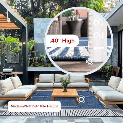 nuLOOM 3'6" x 5' Outdoor Area Rug, Casual Design With Striped Border, Stain Resistant, Highly Durable, For Patio, Balcony, Bedroom, Living Room, Dining Room, Bathroom, Navy