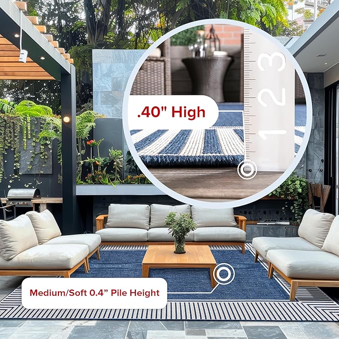 nuLOOM 10' x 12' Outdoor Area Rug, Casual Design With Striped Border, Stain Resistant, Highly Durable, For Patio, Balcony, Bedroom, Living Room, Dining Room, Bathroom, Navy