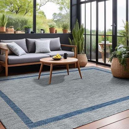 Bordered Outdoor Rug 8x10 Washable Outside Carpet for Indoor Patio Porch Waterproof Easy Cleaning Non Shedding Area Rugs Silver Gray - Blue 8 x 10