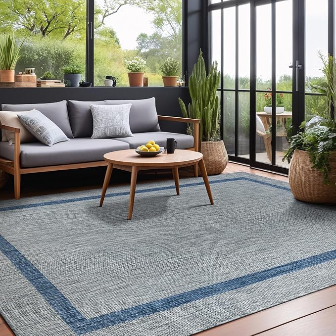 Bordered Outdoor Rug 10x14 Washable Outside Carpet for Indoor Patio Porch Waterproof Easy Cleaning Non Shedding Area Rugs Silver Gray - Blue 10 x 14