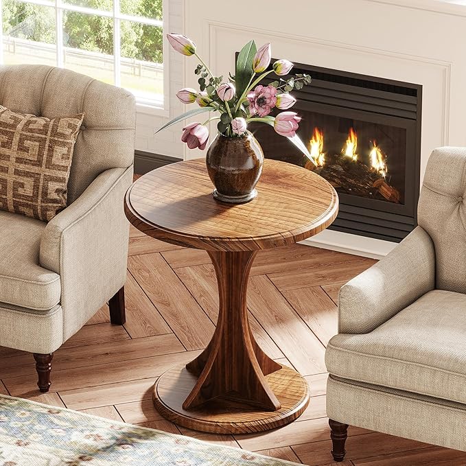 Tribesigns Round End Side Table: Wood Small Sofa Chair Side Table for Living Room, Mid-Century Bedside Nightstand for Bedroom, Accent Table, Easy Assembly, Vintage Brown