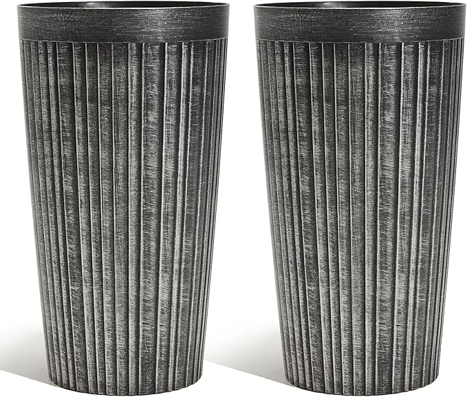 Worth Garden 22.5" H. Plastic Planters - Set of 2 Vintage Black Tall Conical Plant Pots for Indoor Outdoor Use - Decorative Lightweight Flower Pots for Front Porch, Patio, Deck - 12.5" Dia x 22.5" H