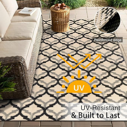 OLANLY Reversible Outdoor Rug 5x8 ft Clearance, Waterproof Outdoor Plastic Straw Rug with Interlacing Pattern, RV Mat for Patio, Camping, Balcony, Deck, Backyard, Black & Beige