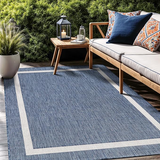 Bordered Outdoor Rug 8x10 Washable Outside Carpet for Indoor Patio Porch Waterproof Easy Cleaning Non Shedding Area Rugs Blue 8 x 10
