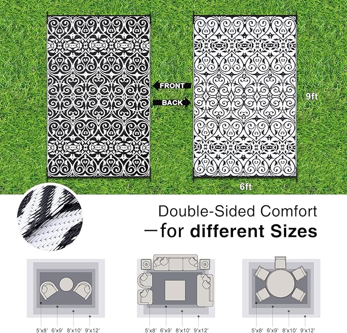 OLANLY Outdoor Rug Waterproof 6x9 ft Clearance, Reversible Outdoor Plastic Straw Rug with Floral Pattern, RV Mat for Patio, Camping, Balcony, Deck, Backyard, Black & White