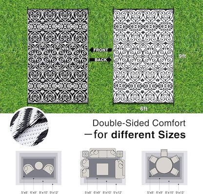 OLANLY Outdoor Rug Waterproof 6x9 ft Clearance, Reversible Outdoor Plastic Straw Rug with Floral Pattern, RV Mat for Patio, Camping, Balcony, Deck, Backyard, Black & White