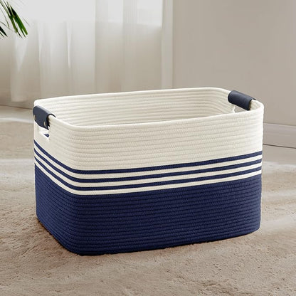 72L Large Laundry Basket with Leather Handles for Living Room Storage, Woven Rope Baskets Bin for Blanket, Kids Toy, Gifts, Wicker Hamper for Bedroom Dirty Clothes, 22"x17"x12" White Navy
